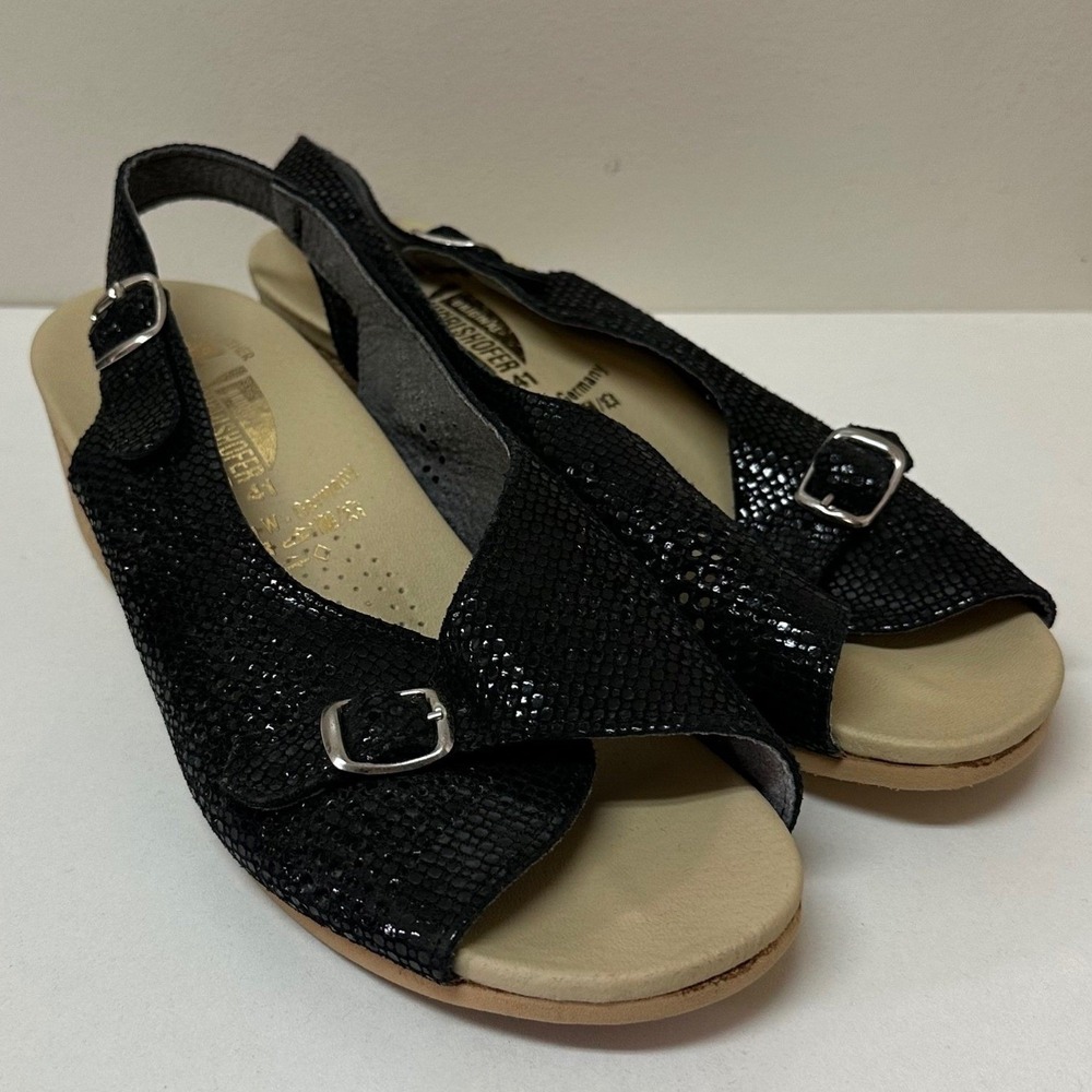 Worishofer 562 Black Snake Print Leather Cork Wedge Slingback Sandals Women's 41
